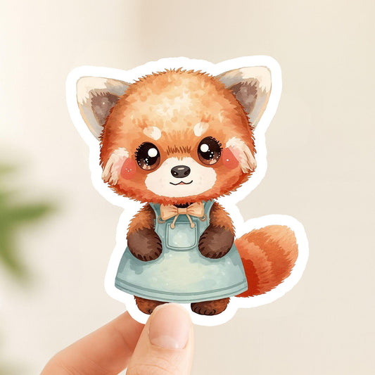 Red Panda in Dress Mint Green | Kawaii | White Gloss Vinyl | Die-Cut Sticker