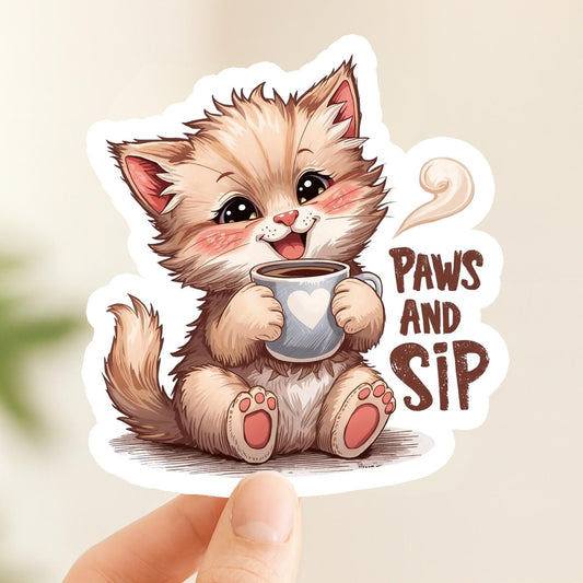 Paws and Sip Cat Coffee | Cozy Aesthetic | White Gloss Vinyl | Die-Cut Sticker