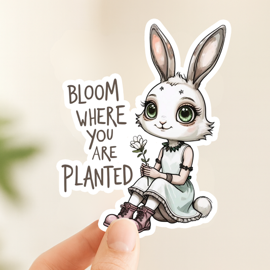 Bloom Where You Are Planted Bunny | Positive | White Gloss Vinyl | Die-Cut Sticker