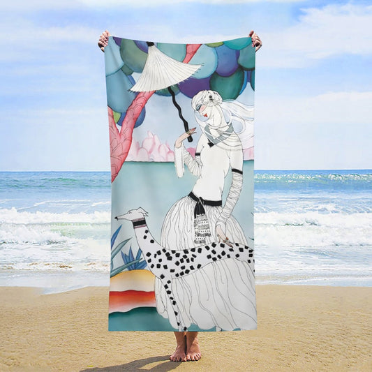 Gentle Companionship Beach Towel, Vintage Lady & Dog Art 160×80cm