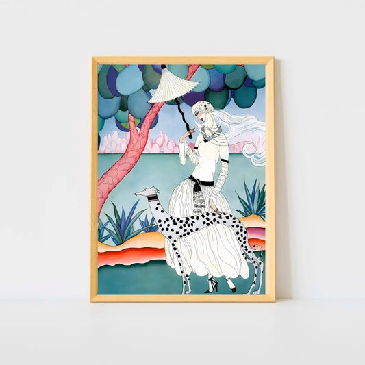 Art Nouveau Lady & Spotted Hound Digital Wall Art, Whimsical Vintage Print