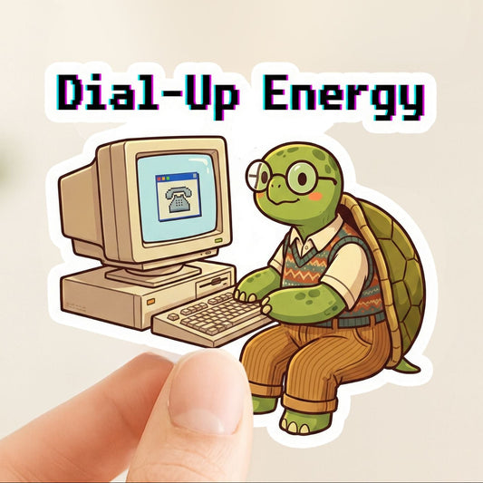 Dial-Up Energy Vintage Turtle | 90s Tech | White Vinyl | Die-Cut Sticker