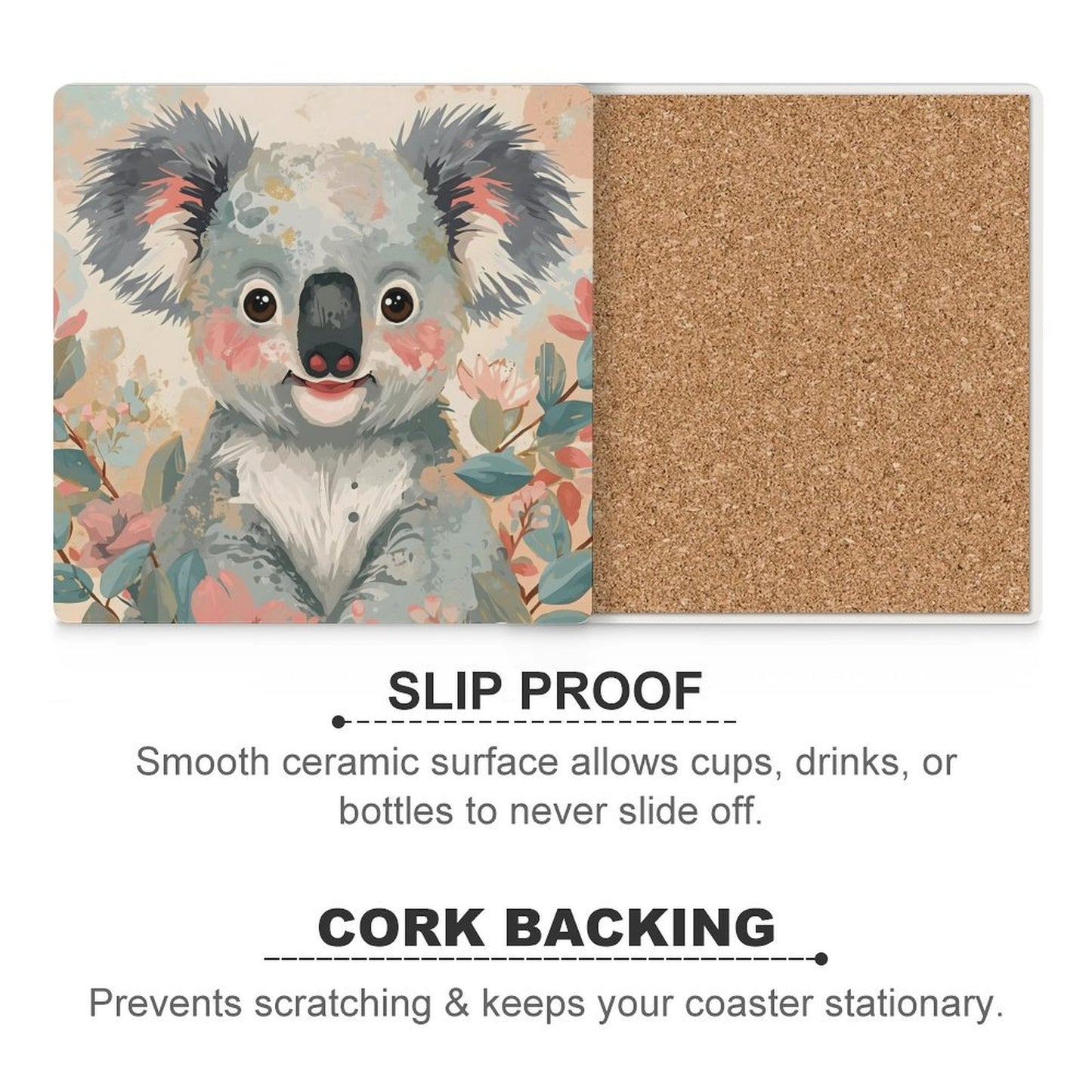 Koala in Bloom Dreamy Pastel Coasters — US-Made, Set of 4