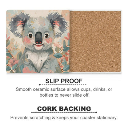 Koala in Bloom Dreamy Pastel Coasters — US-Made, Set of 4