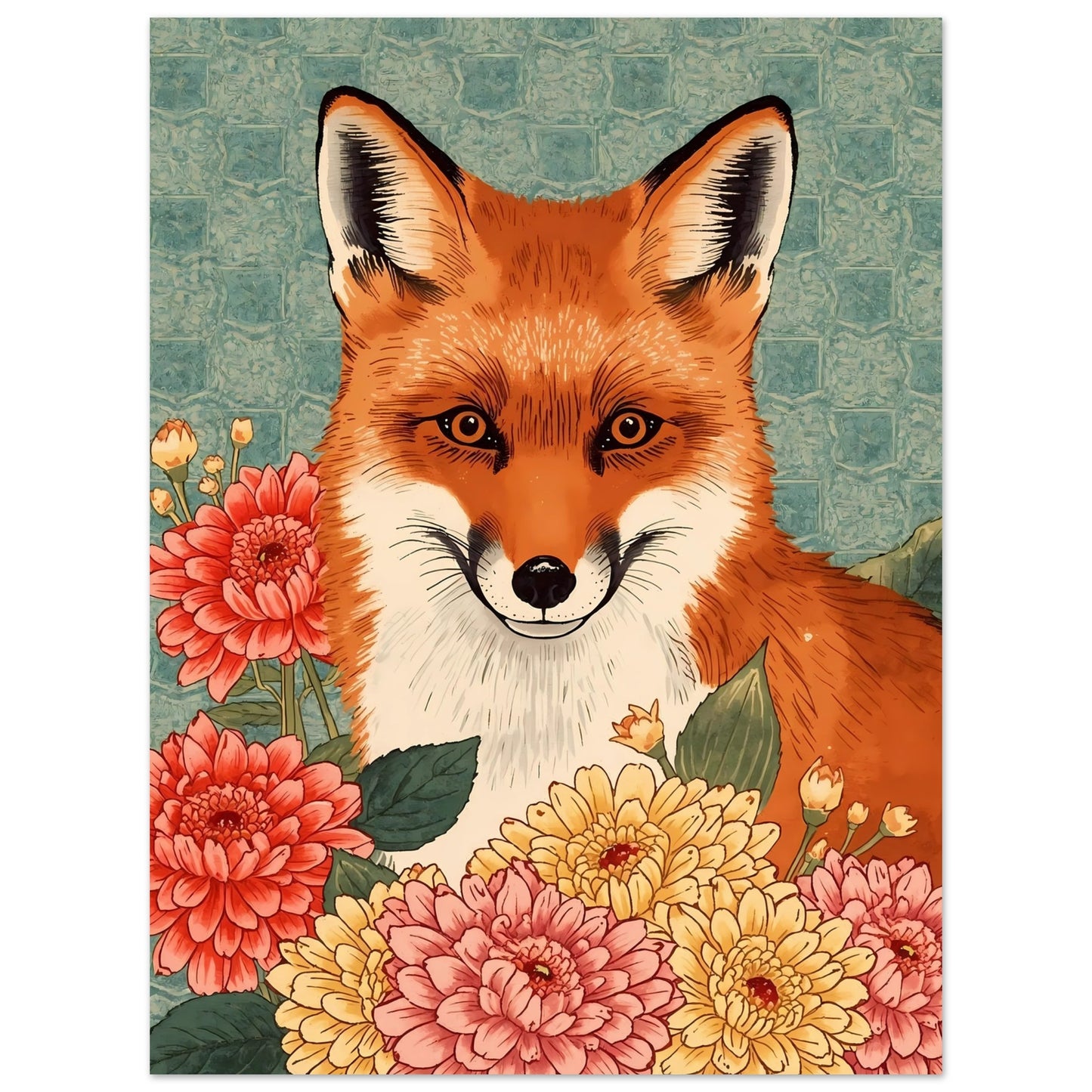 Floral Fox Ukiyo-e Wall Art Poster 45x60 cm 18x24″
