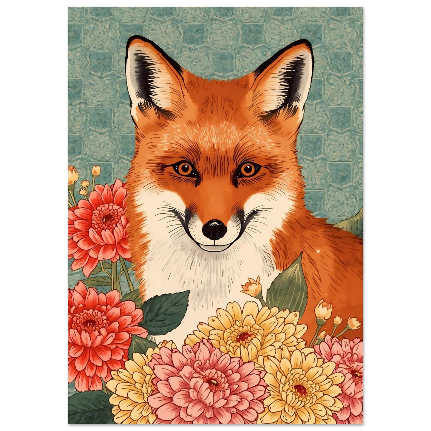 Floral Fox Ukiyo-e Wall Art Poster A1 (59.4 x 84.1 cm)