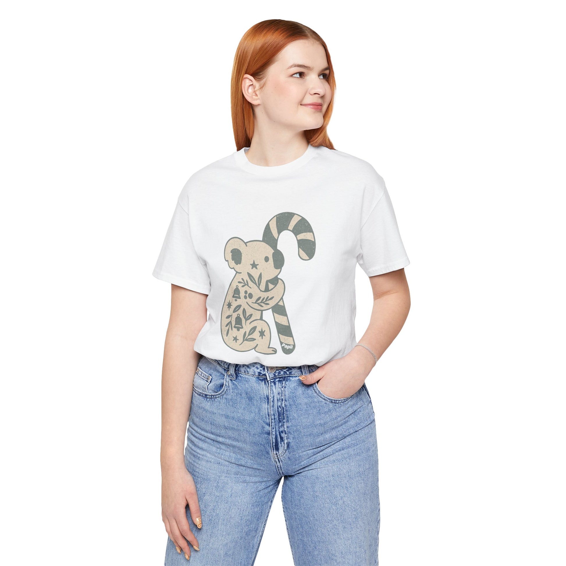 Floral Koala with Candy Cane Christmas Tee | Botanical Animal Woodland T-Shirt