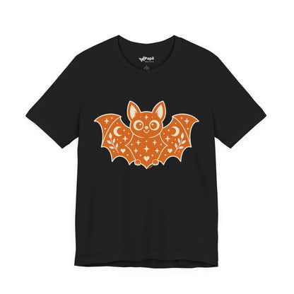 Soft But Spooky — Cute Halloween Bat Graphic Tee Orange Bat Black Tee