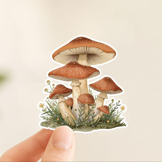 Woodland Mushroom Cluster | Cottagecore | White Satin Vinyl | Kiss-Cut Sticker