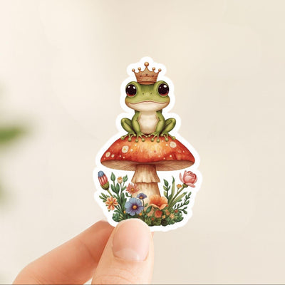 Frog Prince on Toadstool | Cottagecore | White Vinyl | Die-Cut Sticker
