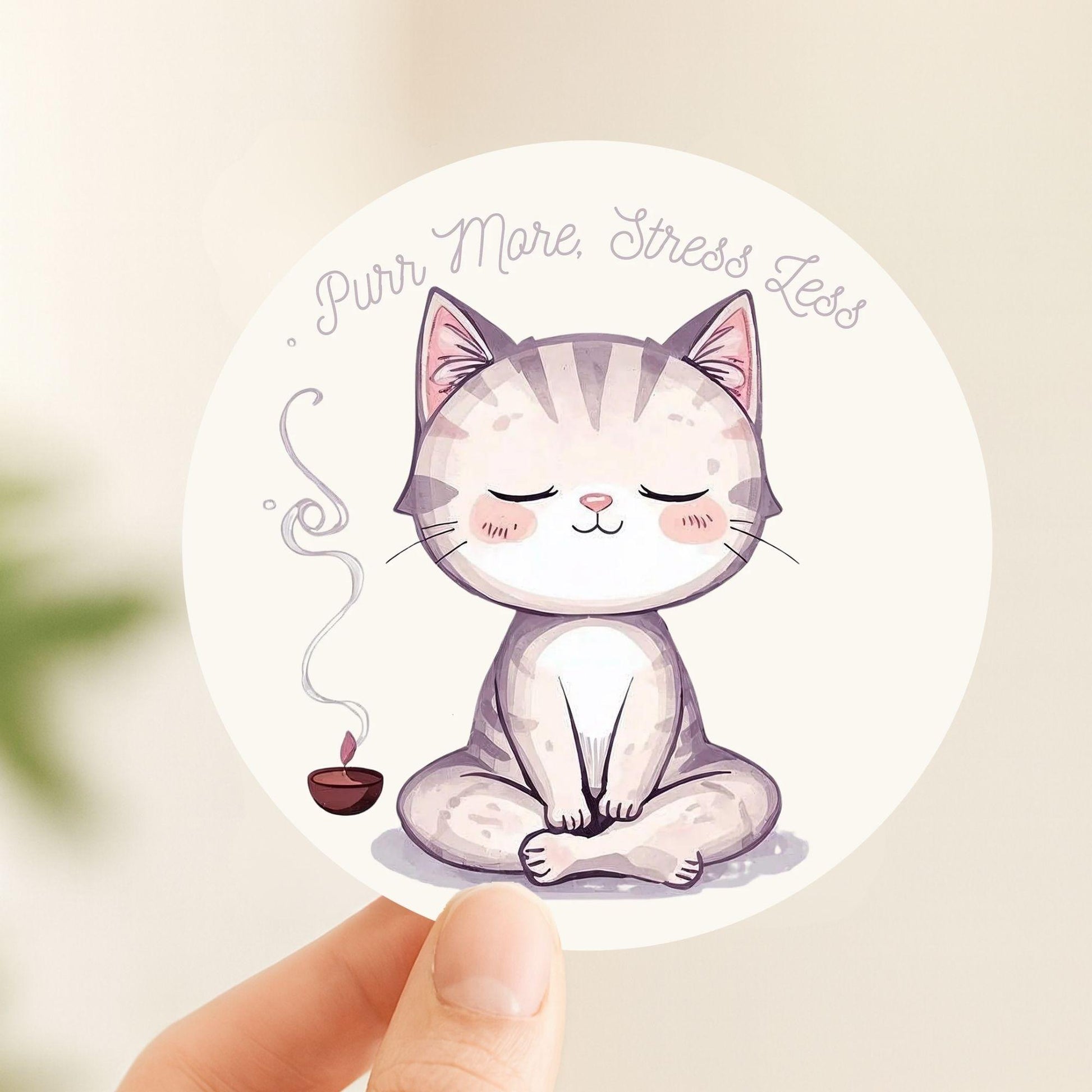 Purr More Stress Less Meditating Cat | Mindfulness | White Gloss Vinyl | Die-Cut Sticker