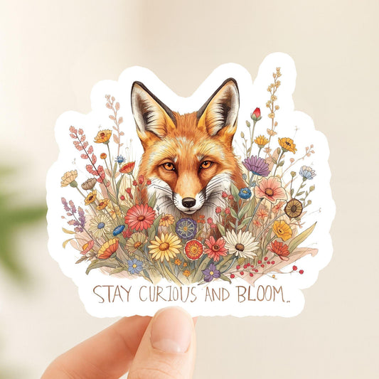 Stay Curious Fox in Wildflowers | Nature | White Gloss Vinyl | Die-Cut Sticker