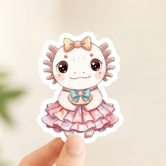 Axolotl Ballerina Pink Tutu | Kawaii | White Gloss Vinyl | Die-Cut Sticker