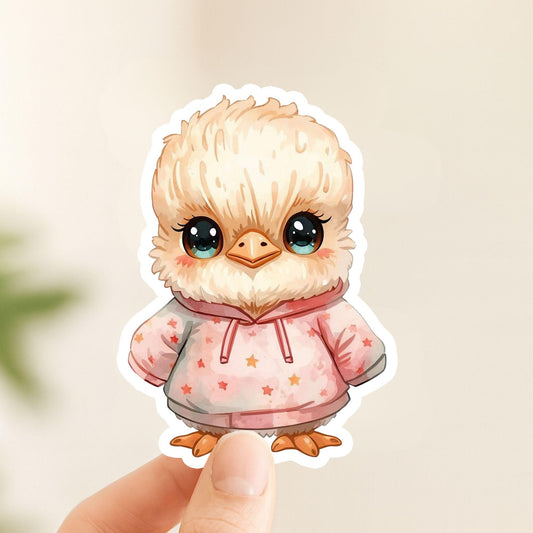 Cassowary Chick Star Hoodie | Kawaii | White Gloss Vinyl | Die-Cut Sticker