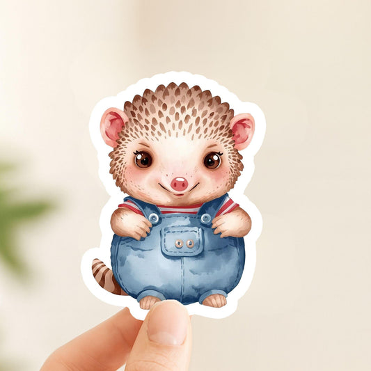 Pangolin in Overalls Whimsical | Cute Animal | White Gloss Vinyl | Die-Cut Sticker