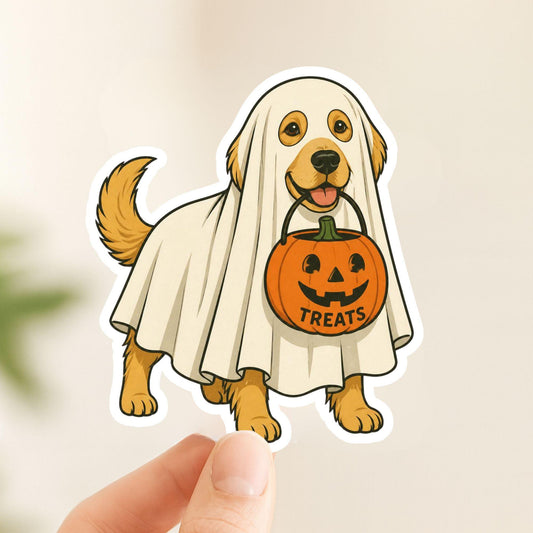 The Ghost Pup Golden Retriever | Halloween Vintage | White Vinyl | Die-Cut Sticker