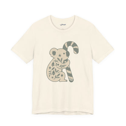 Floral Koala with Candy Cane Christmas Tee | Botanical Animal Woodland T-Shirt Natural