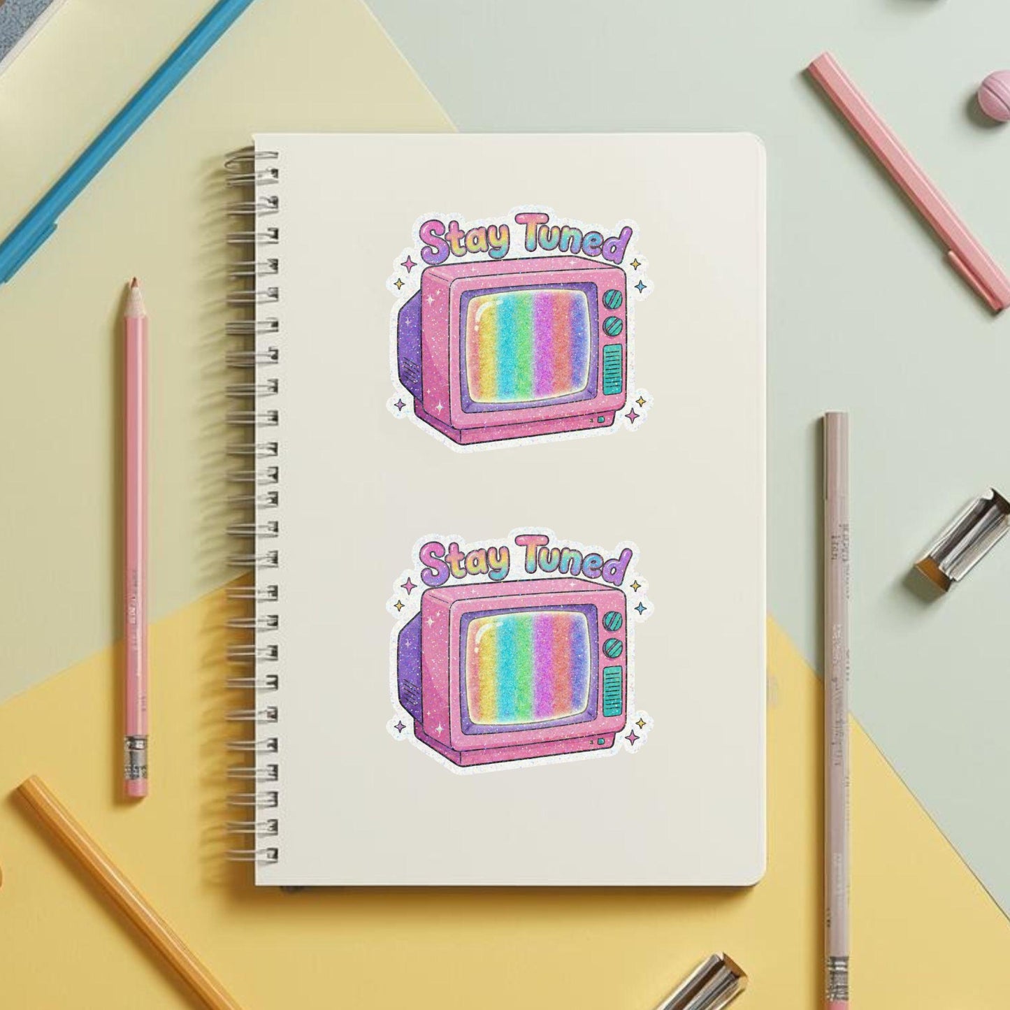 Stay Tuned Retro TV | 90s Pastel | Glitter Vinyl | Die-Cut Sticker