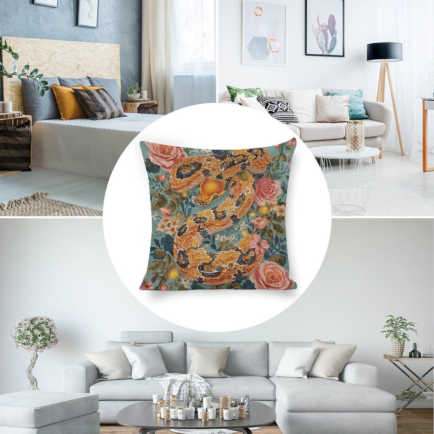 Serpent & Roses Botanical Serpent Illustration Cushion Cover — US-Made, Single-Sided Print, 45×45cm