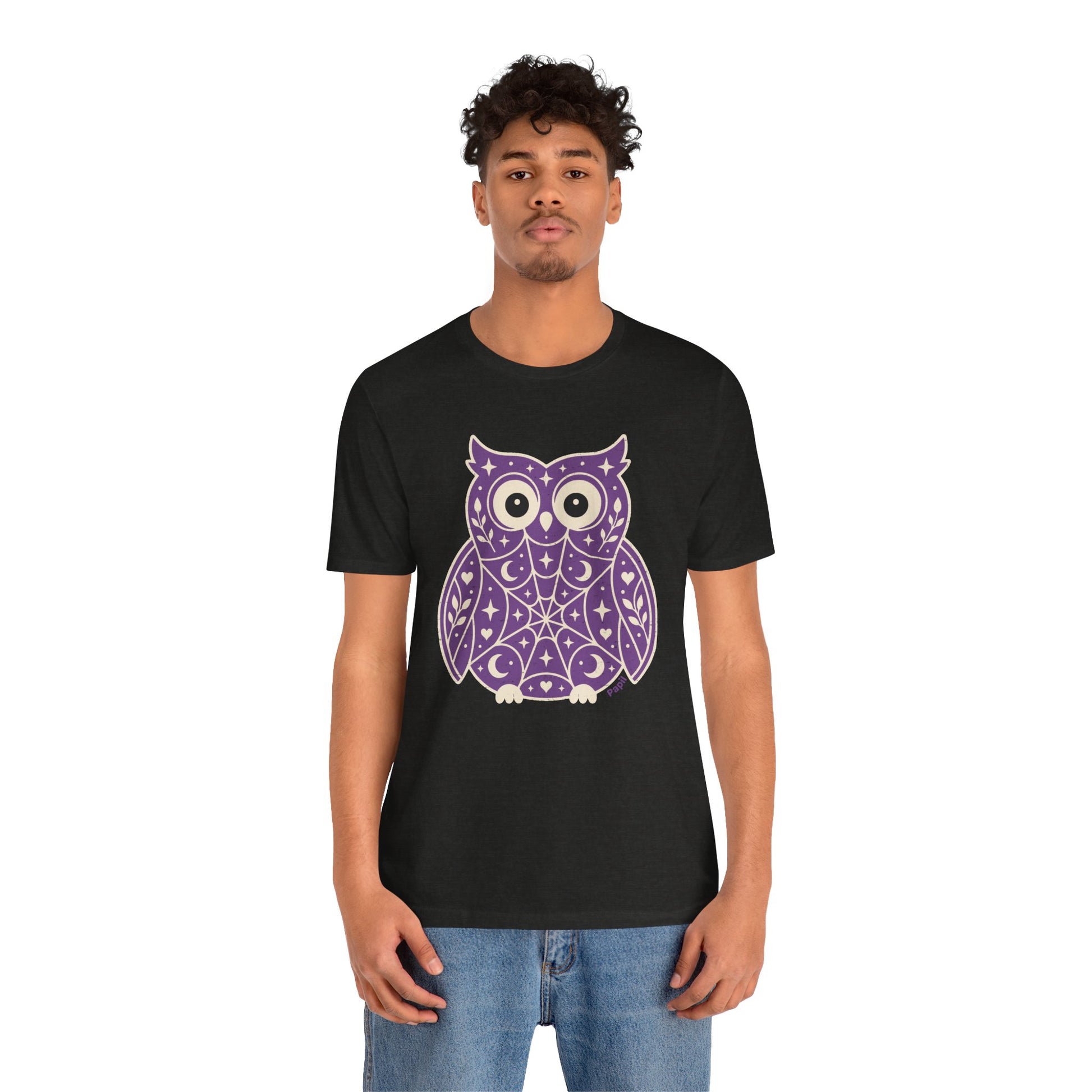 Enchanted Owl Halloween Tee, Whimsical Woodland Graphic (Purple)