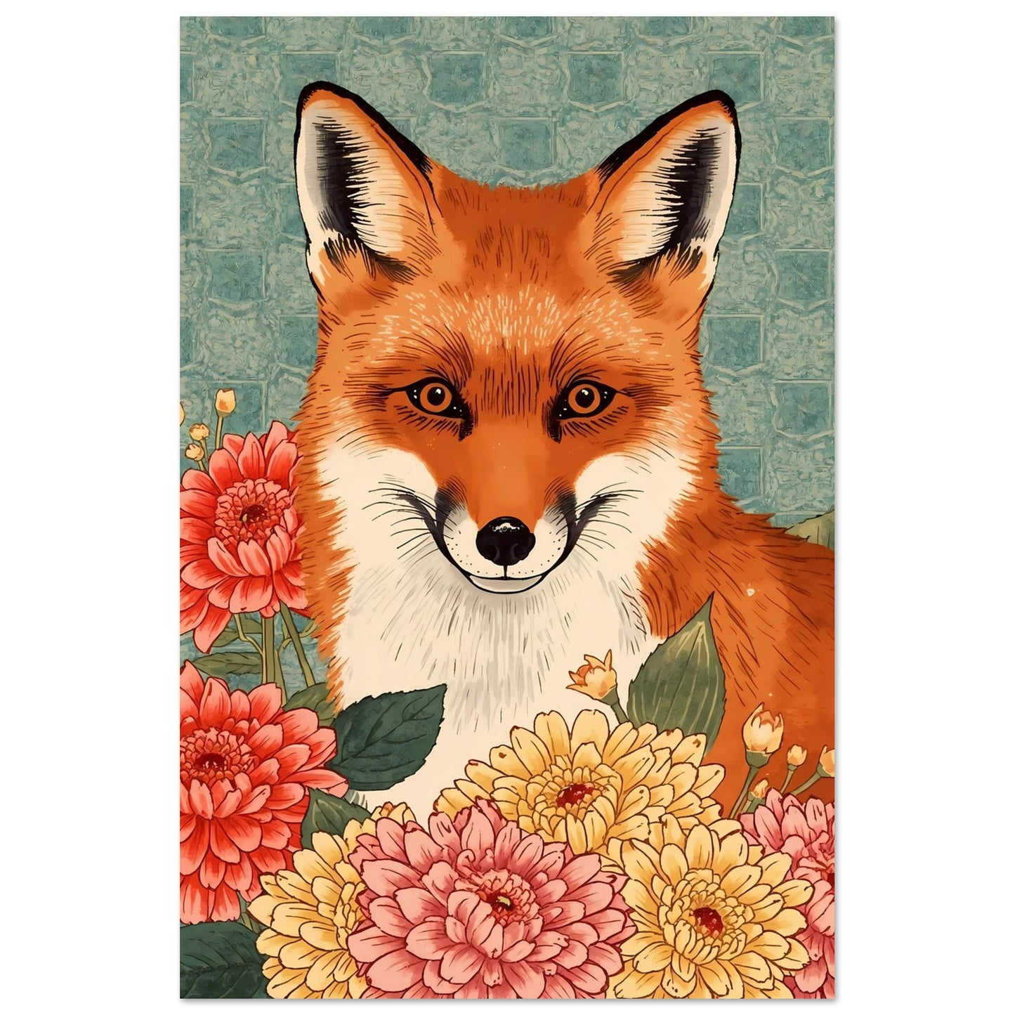 Floral Fox Ukiyo-e Wall Art Poster 40x60 cm 16x24″