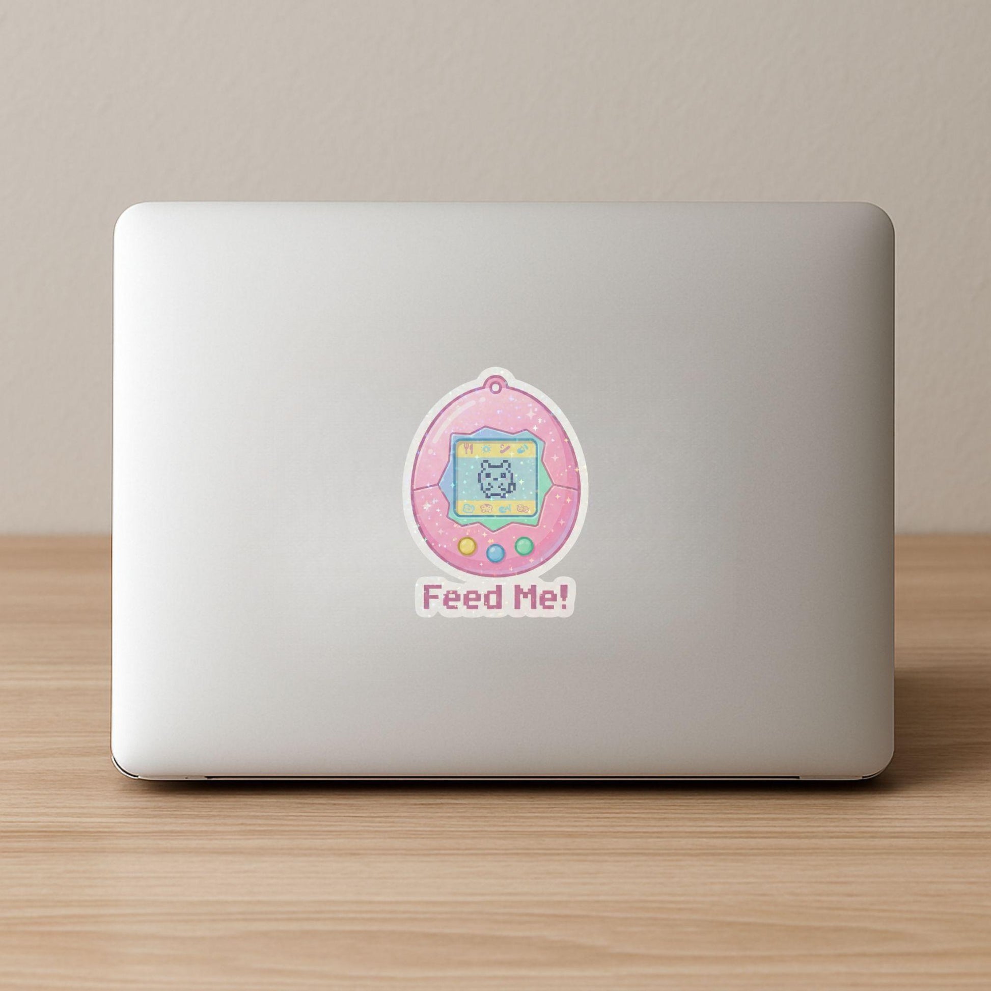 Feed Me Virtual Pet | 90s Retro Gaming | Glitter Vinyl | Die-Cut Sticker