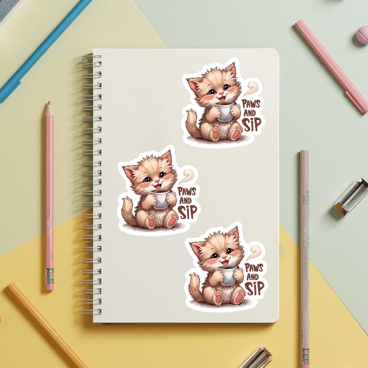 Paws and Sip Cat Coffee | Cozy Aesthetic | White Gloss Vinyl | Die-Cut Sticker