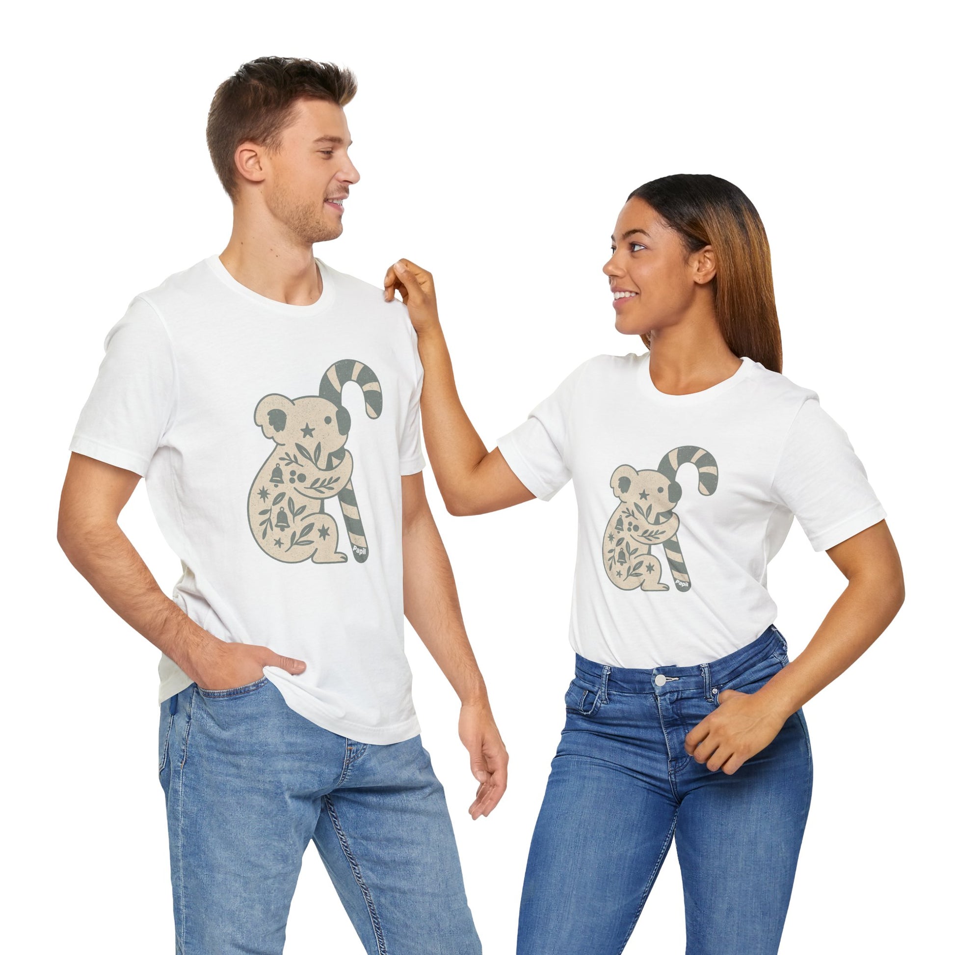 Floral Koala with Candy Cane Christmas Tee | Botanical Animal Woodland T-Shirt