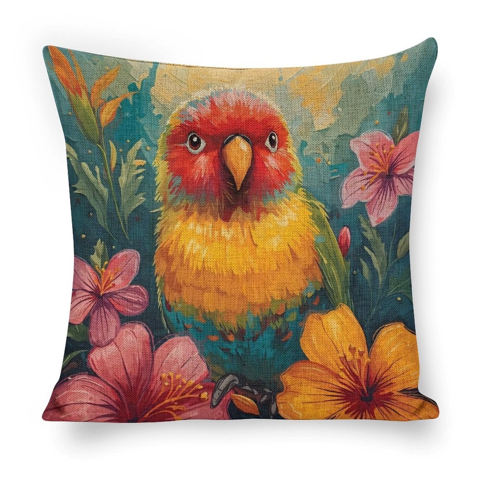 Tropical Lovebird Vivid Illustration Cushion Cover — US-Made, Single-Sided Print, 45×45cm