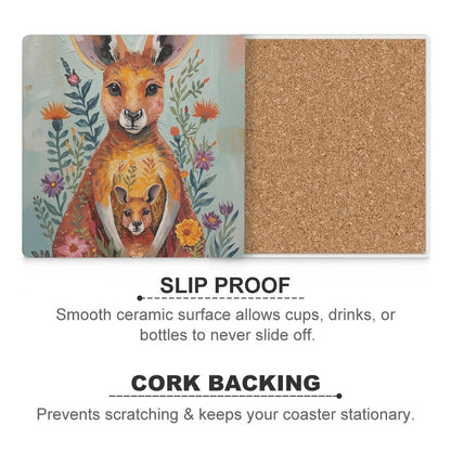 Kangaroo & Joey Australian Wildflower Coasters — US-Made, Set of 4