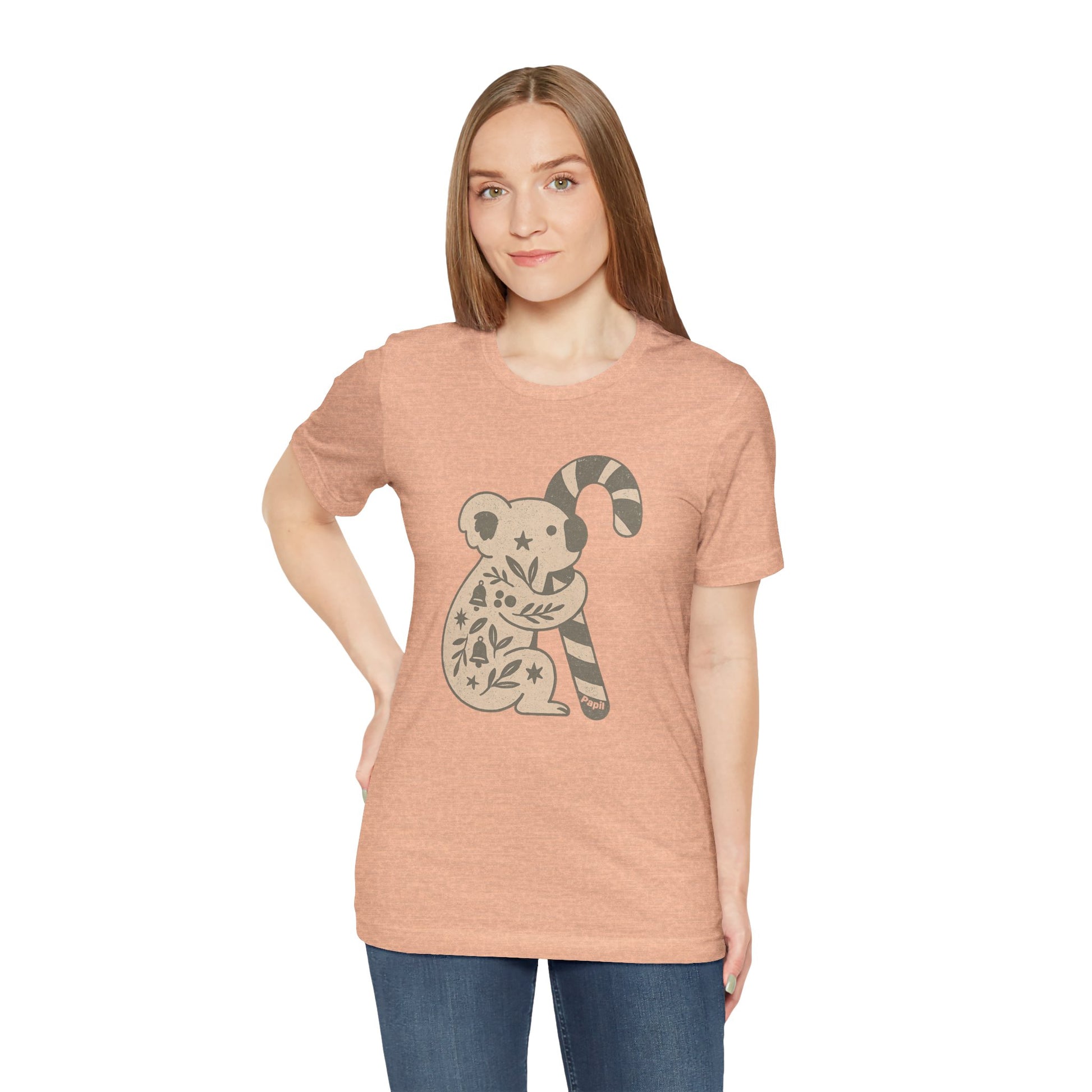Floral Koala with Candy Cane Christmas Tee | Botanical Animal Woodland T-Shirt