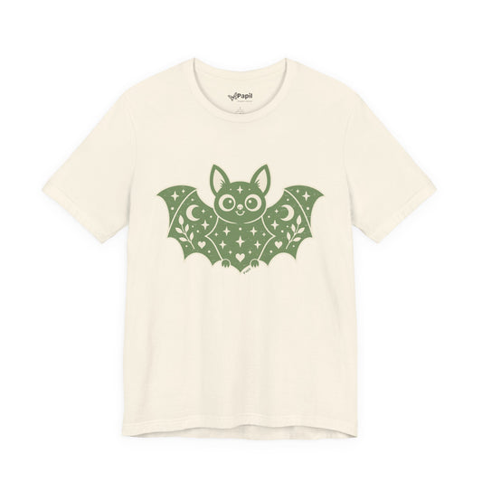 Soft But Spooky — Cute Halloween Bat Graphic Tee Green Bat Natural Tee