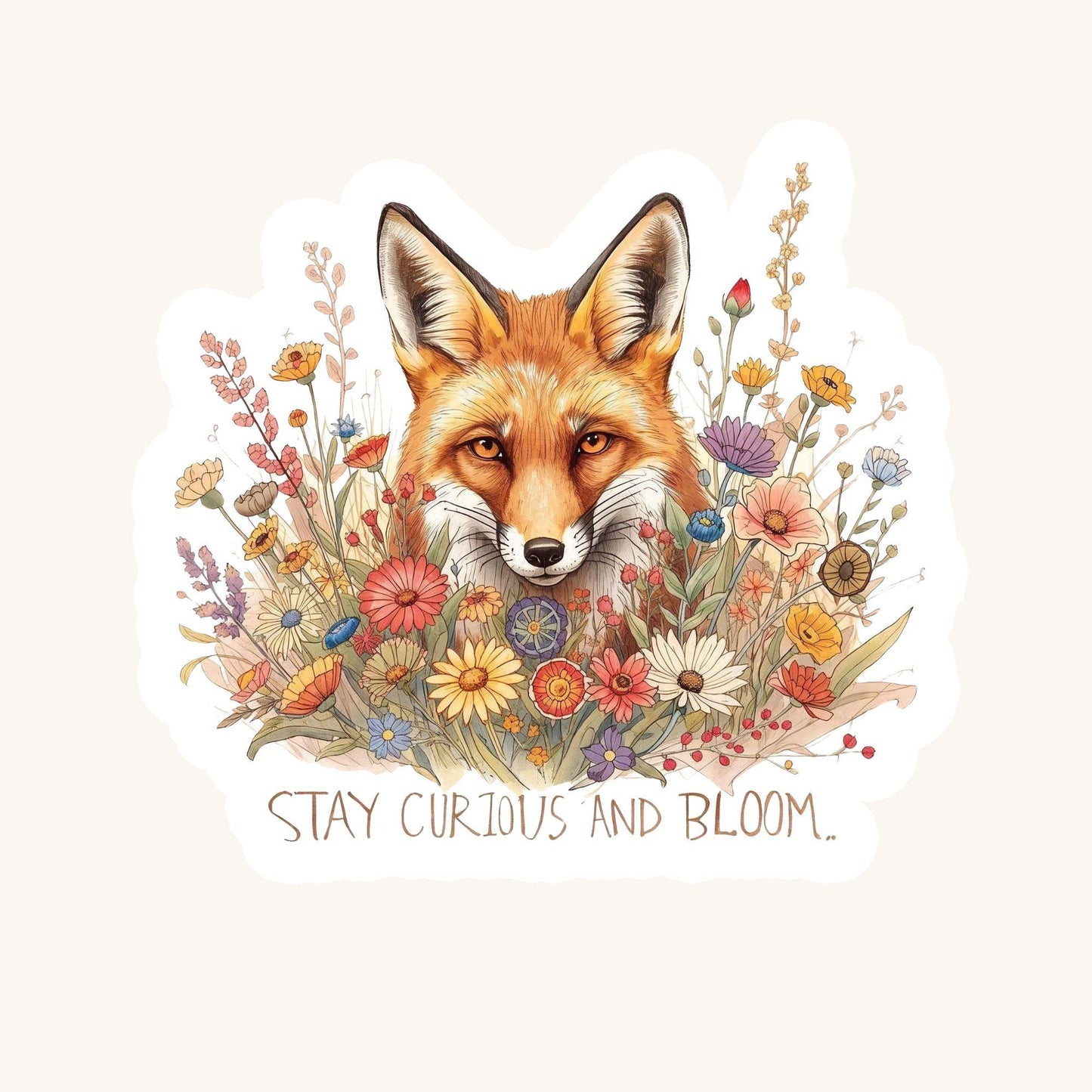 Stay Curious Fox in Wildflowers | Nature | White Gloss Vinyl | Die-Cut Sticker