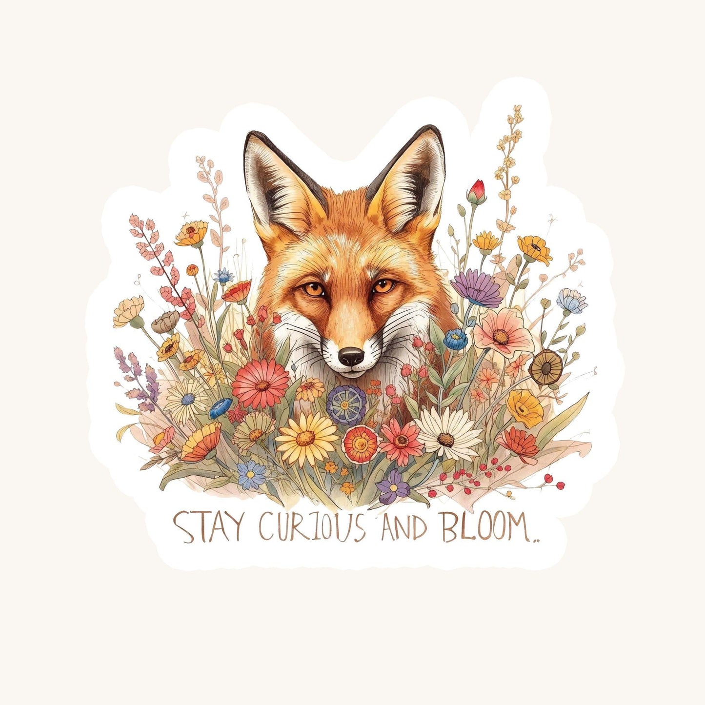 Stay Curious Fox in Wildflowers | Nature | White Gloss Vinyl | Die-Cut Sticker