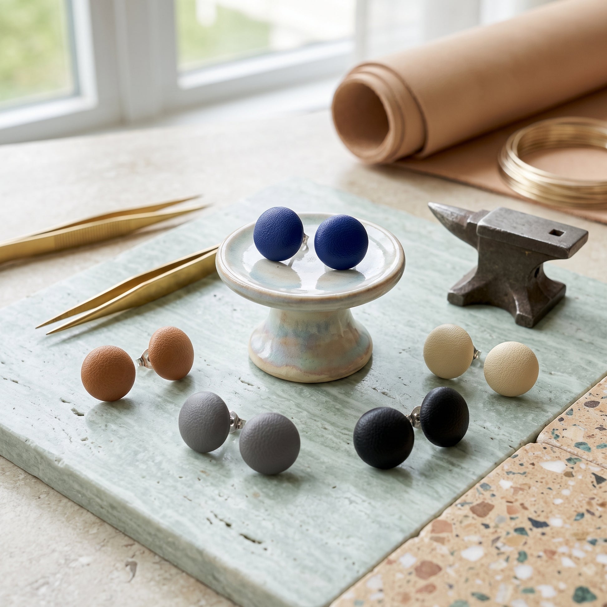 Leather Stud Earrings – Round Button Style, 14mm Handmade Jewellery