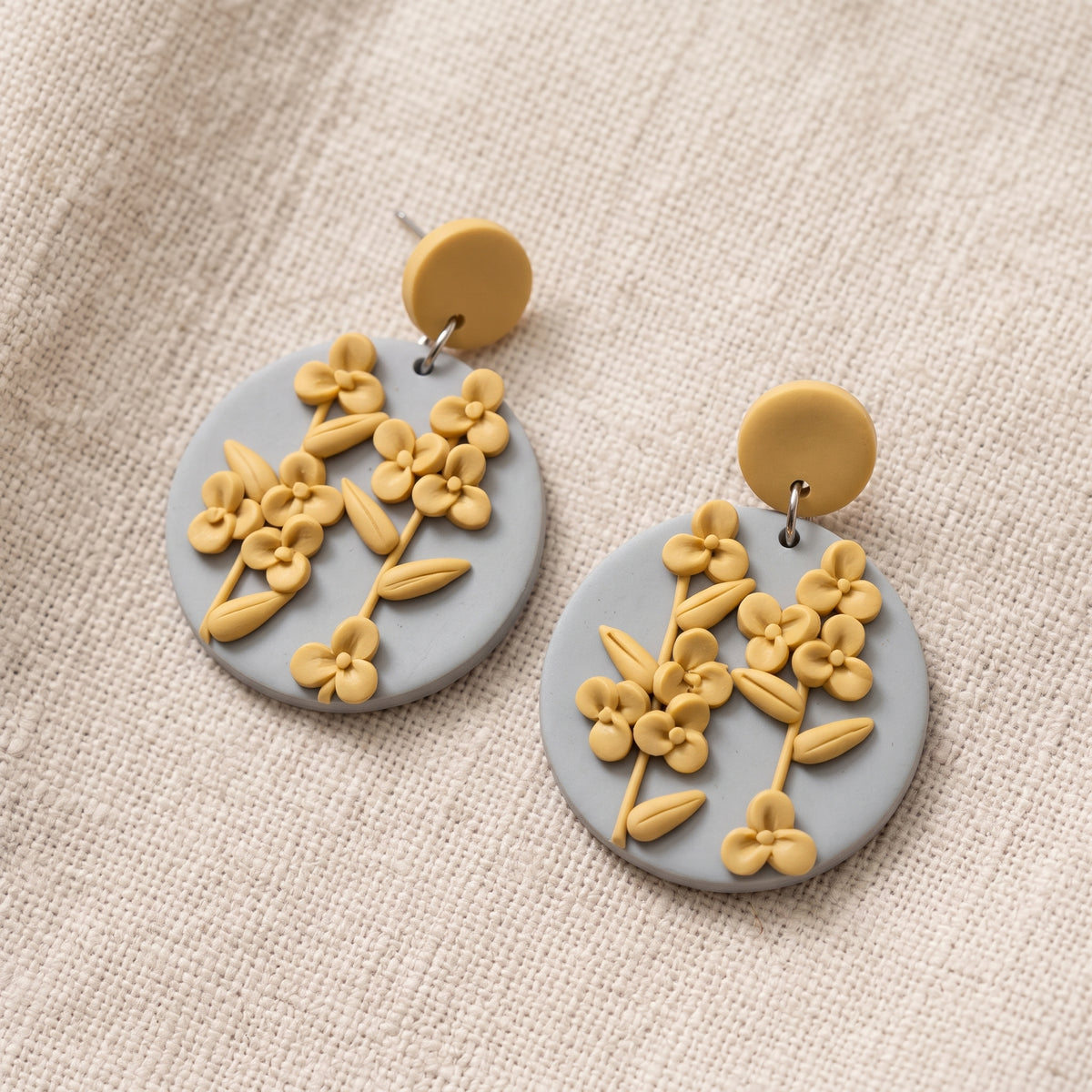 Grey & Yellow Floral Polymer Clay Dangle Earrings | 5cm | New