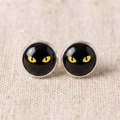 Black Cat Eyes Stud Earrings, Handmade Glass Cabochon Studs