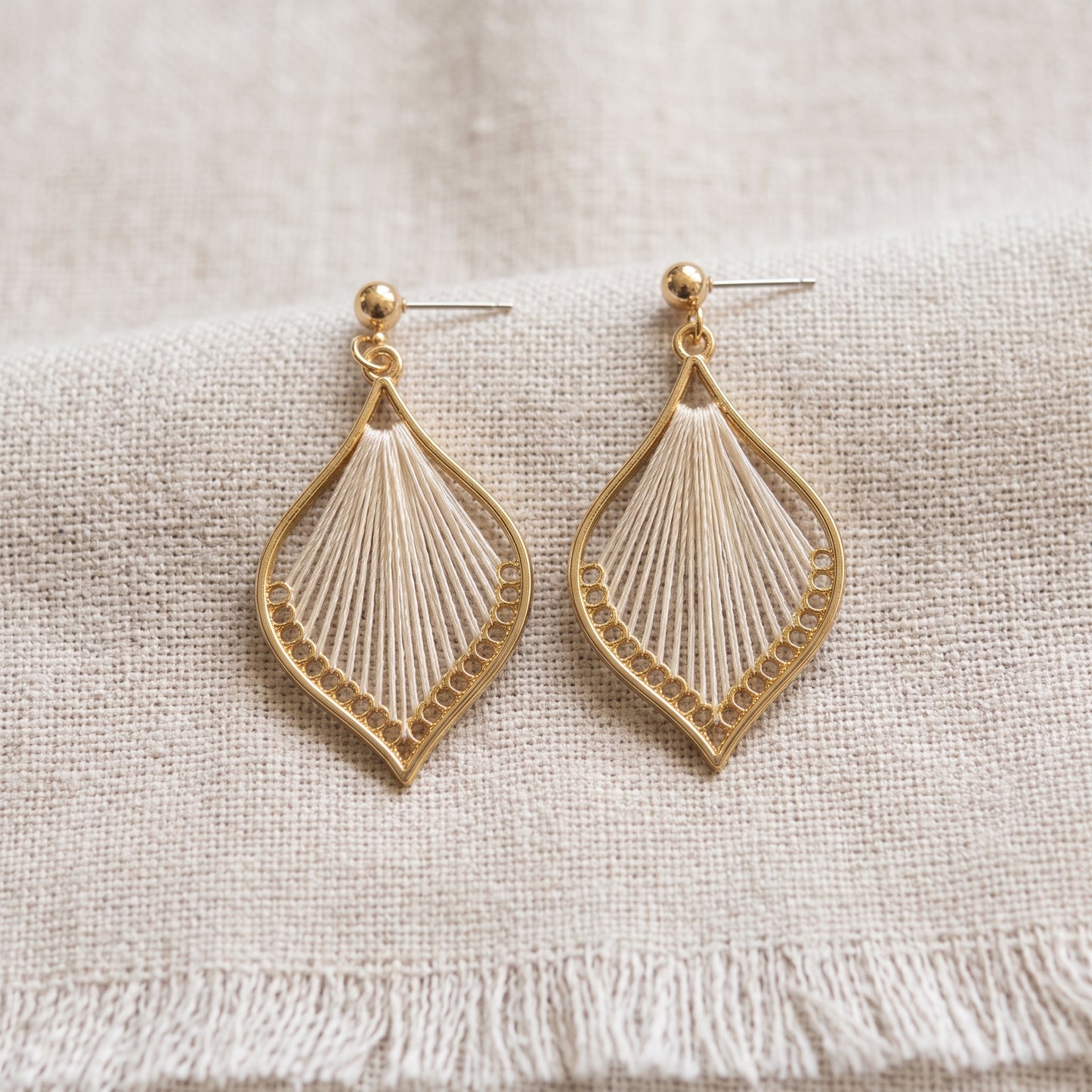 Woven Teardrop Earrings, Handmade Gold Alloy Drops White