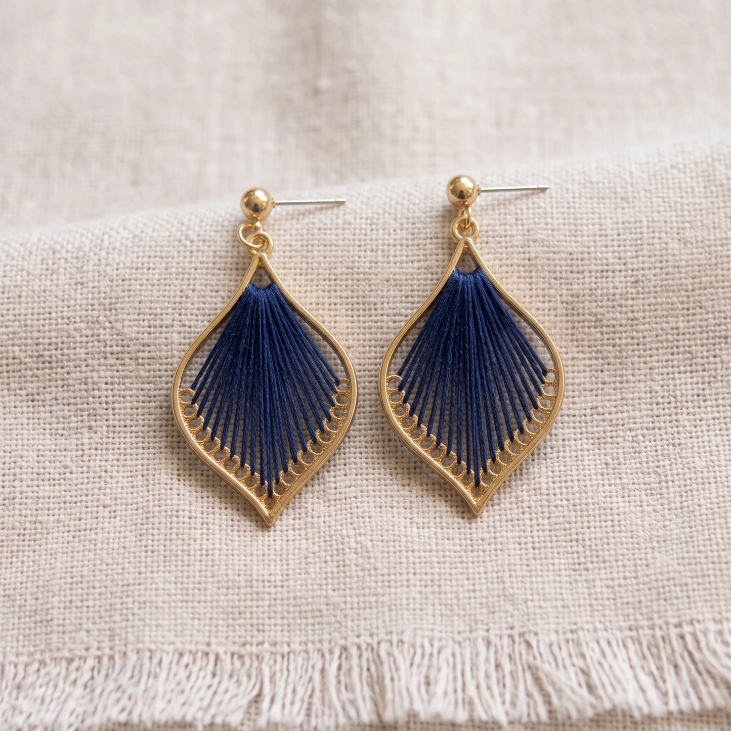Woven Teardrop Earrings, Handmade Gold Alloy Drops Navy