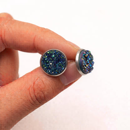 Sparkly Druzy Stud Earrings, Handmade Shimmer Studs in Multiple Colours