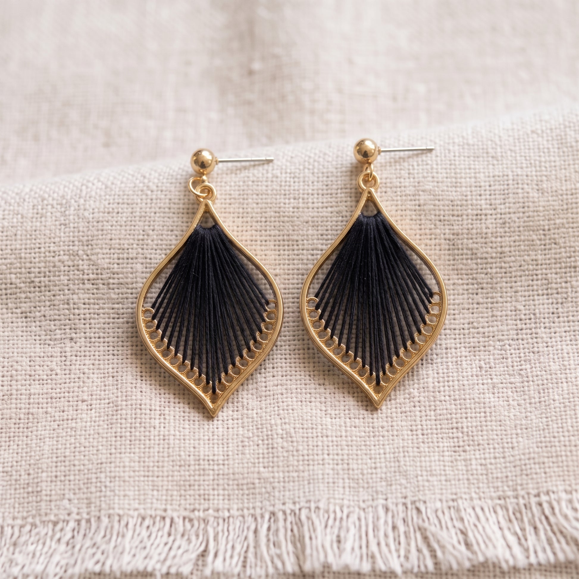 Woven Teardrop Earrings, Handmade Gold Alloy Drops Black
