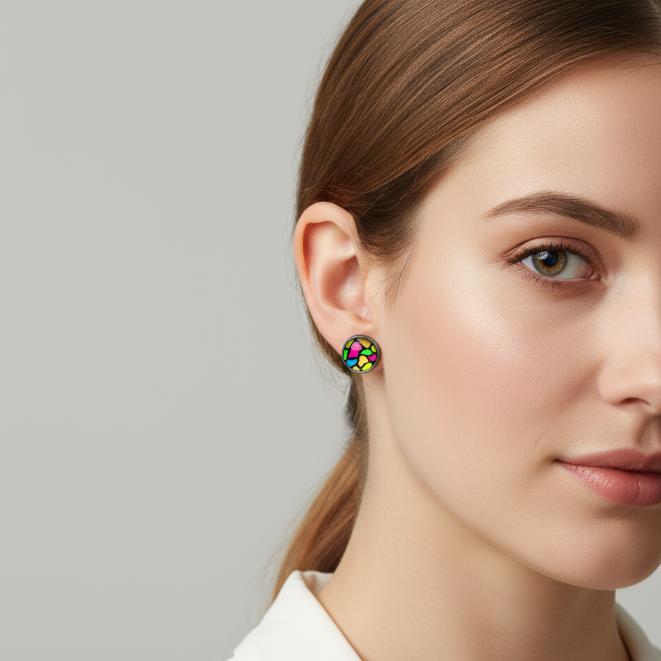 Colourful Stained Glass Style Stud Earrings – Vibrant Rainbow Pattern, Stainless Steel