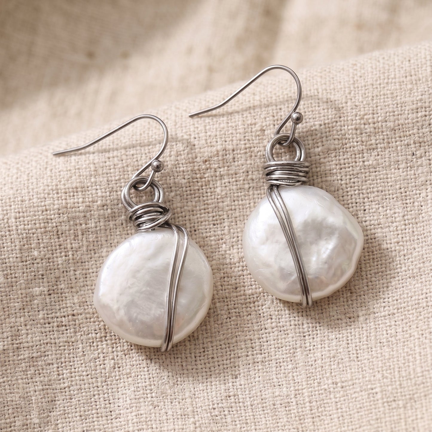 Wire-Wrapped Coin Pearl Drop Earrings – Natural Freshwater Pearl, Handmade