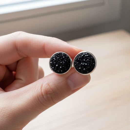 Black Cluster Resin Stud Earrings, Handmade 3D Dimensional Studs