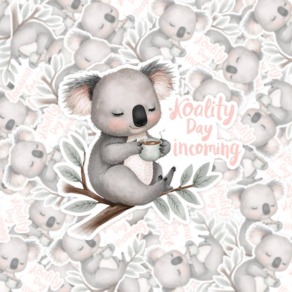 Koality Day Incoming Koala Coffee | Cozy Aussie | White Gloss Vinyl | Die-Cut Sticker