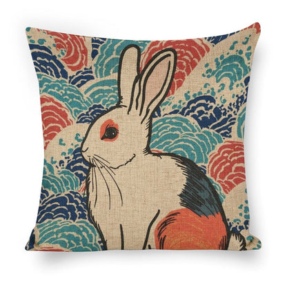 Vivid Rabbit Japanese Ukiyo-e Cushion Cover — US-Made, Single-Sided Print, 45×45cm