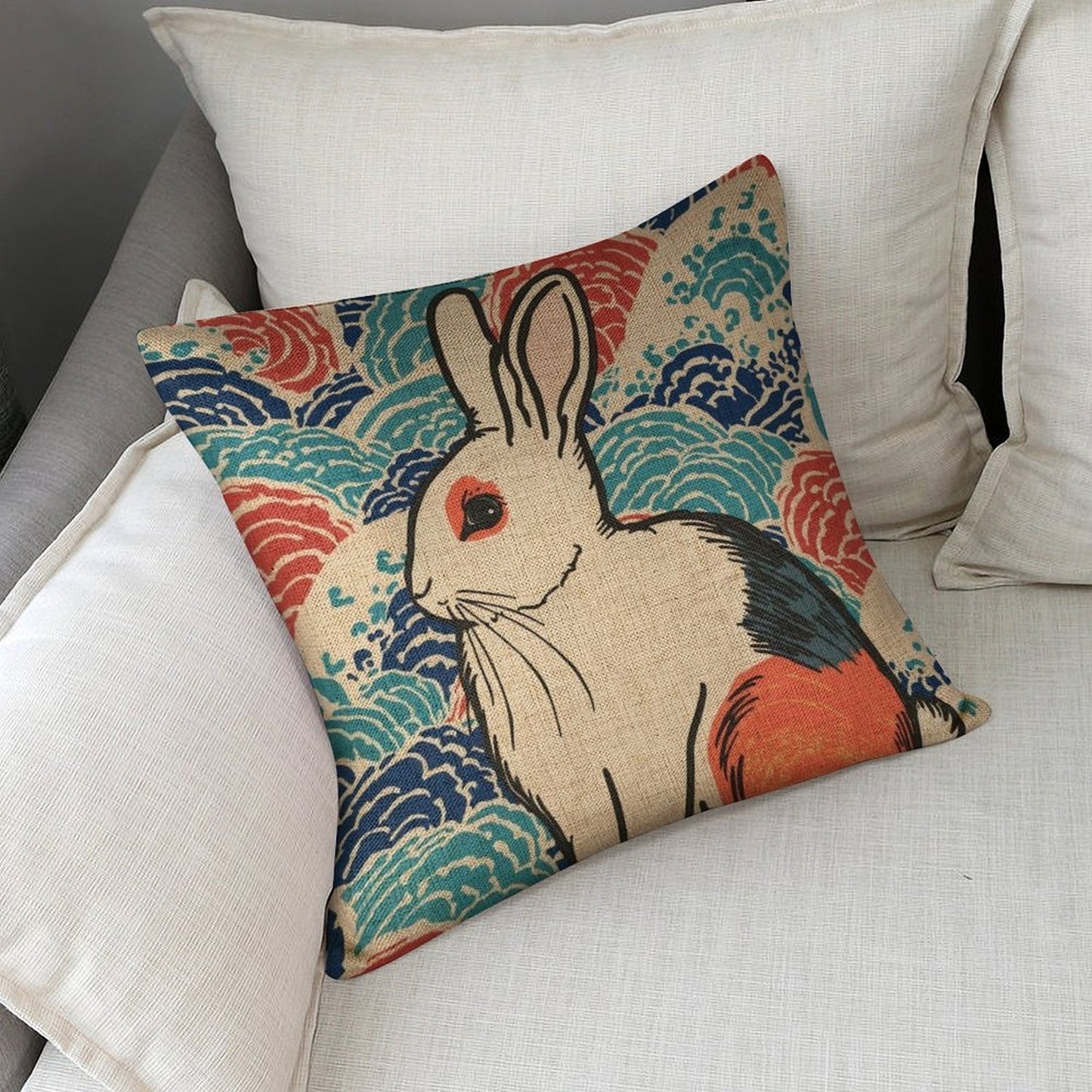 Vivid Rabbit Japanese Ukiyo-e Cushion Cover — US-Made, Single-Sided Print, 45×45cm