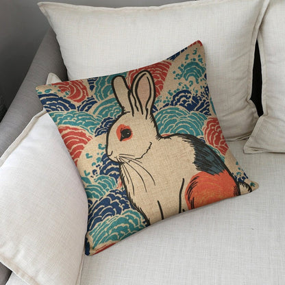 Vivid Rabbit Japanese Ukiyo-e Cushion Cover — US-Made, Single-Sided Print, 45×45cm