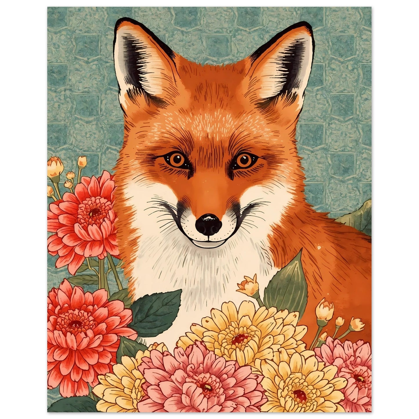 Floral Fox Ukiyo-e Wall Art Poster 20x25 cm 8x10″