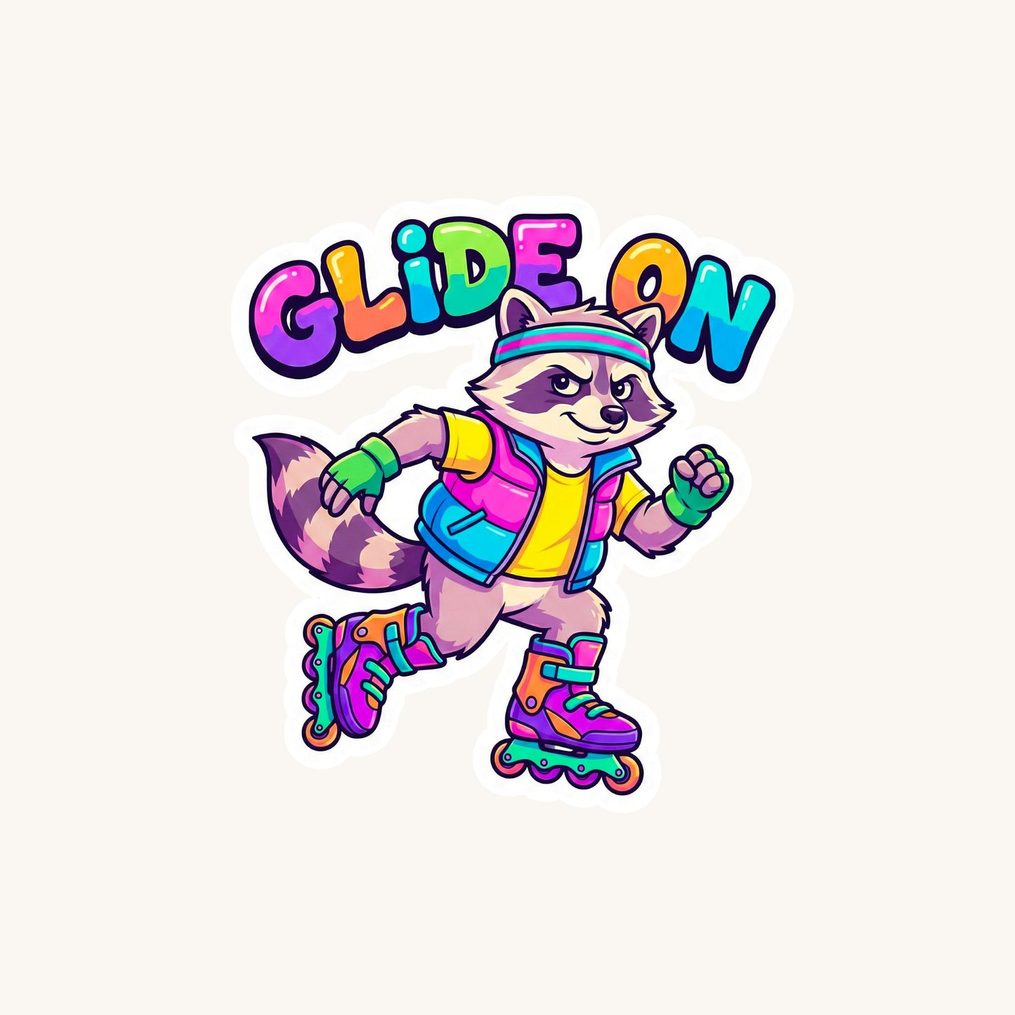 Glide On Rollerblade Raccoon | 90s Skater | White Vinyl | Die-Cut Sticker
